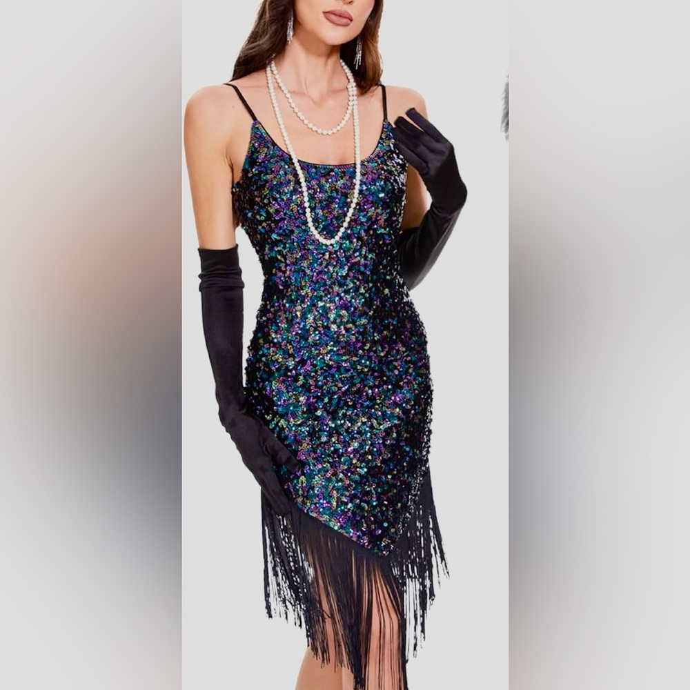 NWT Incre Decor Women's 1920s Flapper Sequin Fringed Gatsby Dress, Size XL